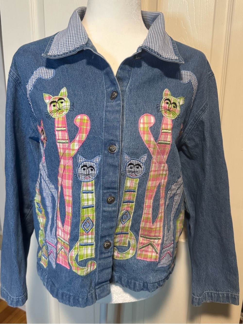 Tantrums Denim Jacket with Colorful Plaid Cat Appliqués